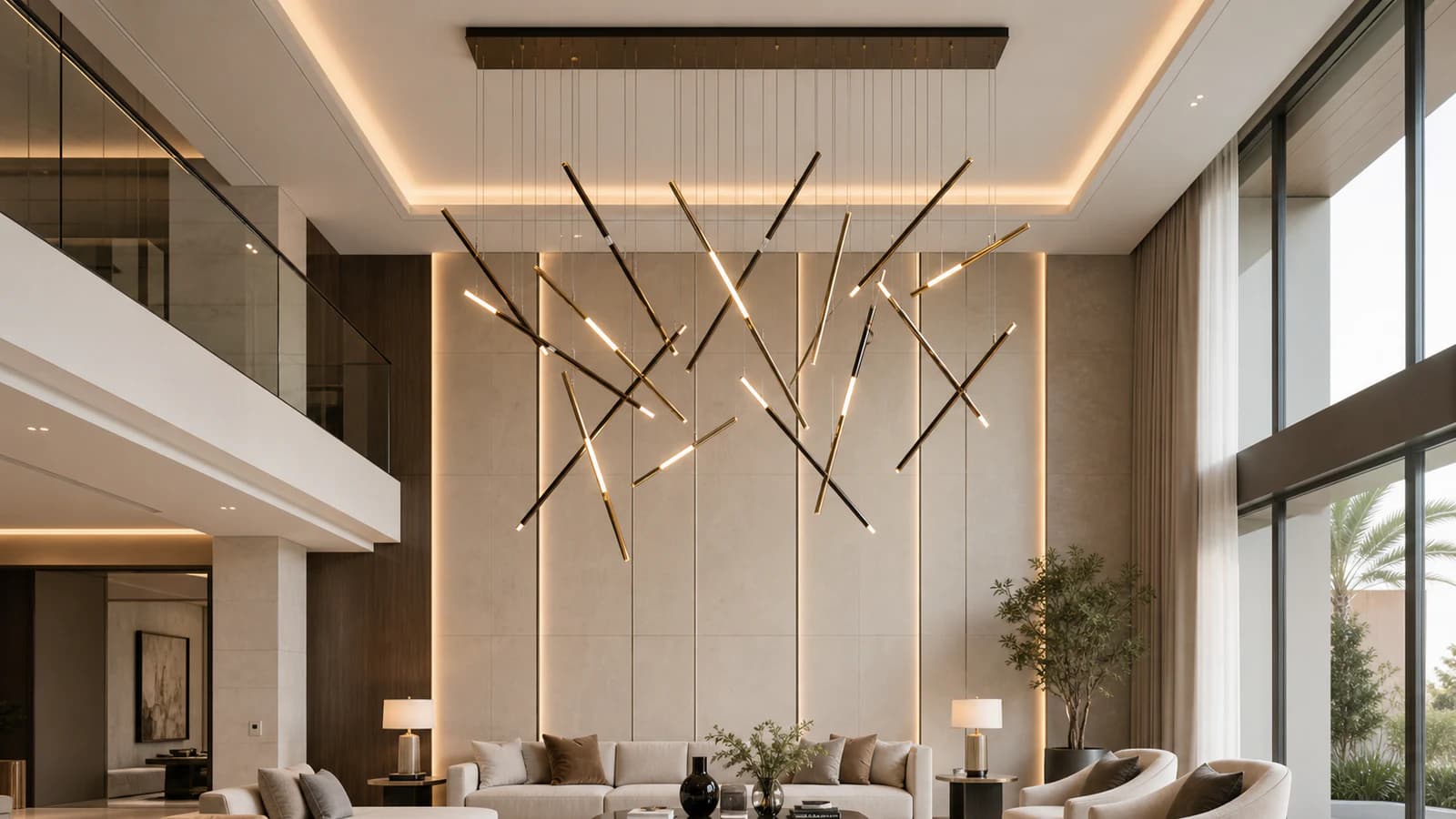 Freeform Rod Canopy illustrative chandelier in a double-height villa lounge