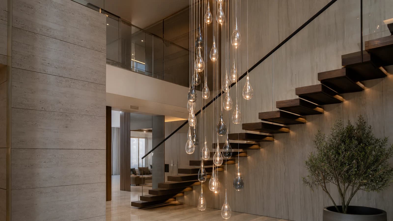 Glass Drop Stair Cascade illustrative chandelier beside a villa staircase