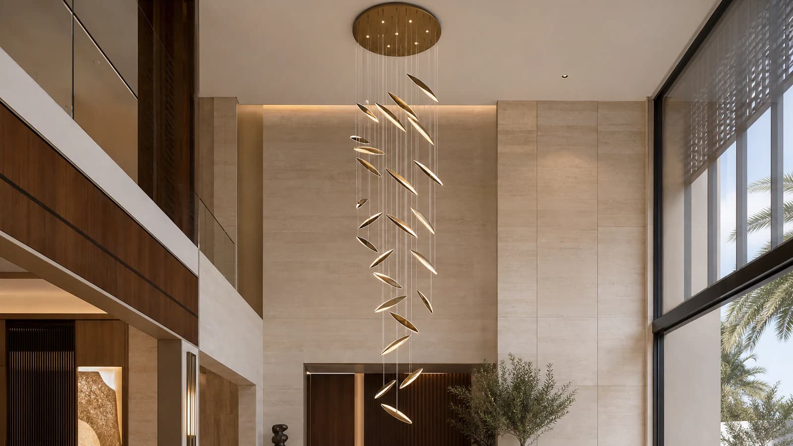 Vertical Leaf Cascade illustrative pendant in a double-height villa foyer