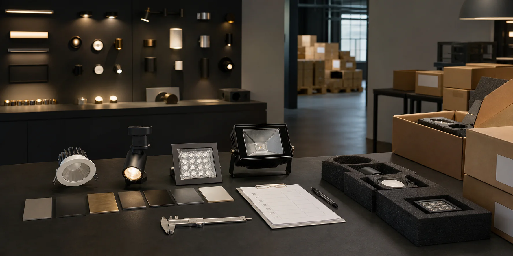 Illustrative lighting sample curation, quality review and export packing coordination workspace