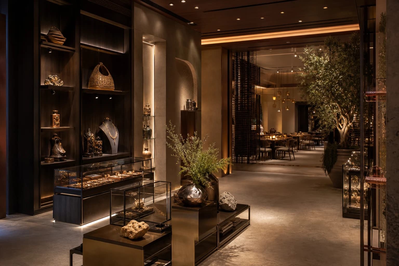 Refined retail gallery opening toward a softly lit dining space