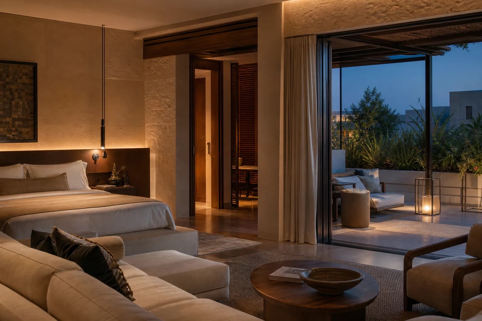 Warm hospitality suite opening onto a planted private terrace at blue hour
