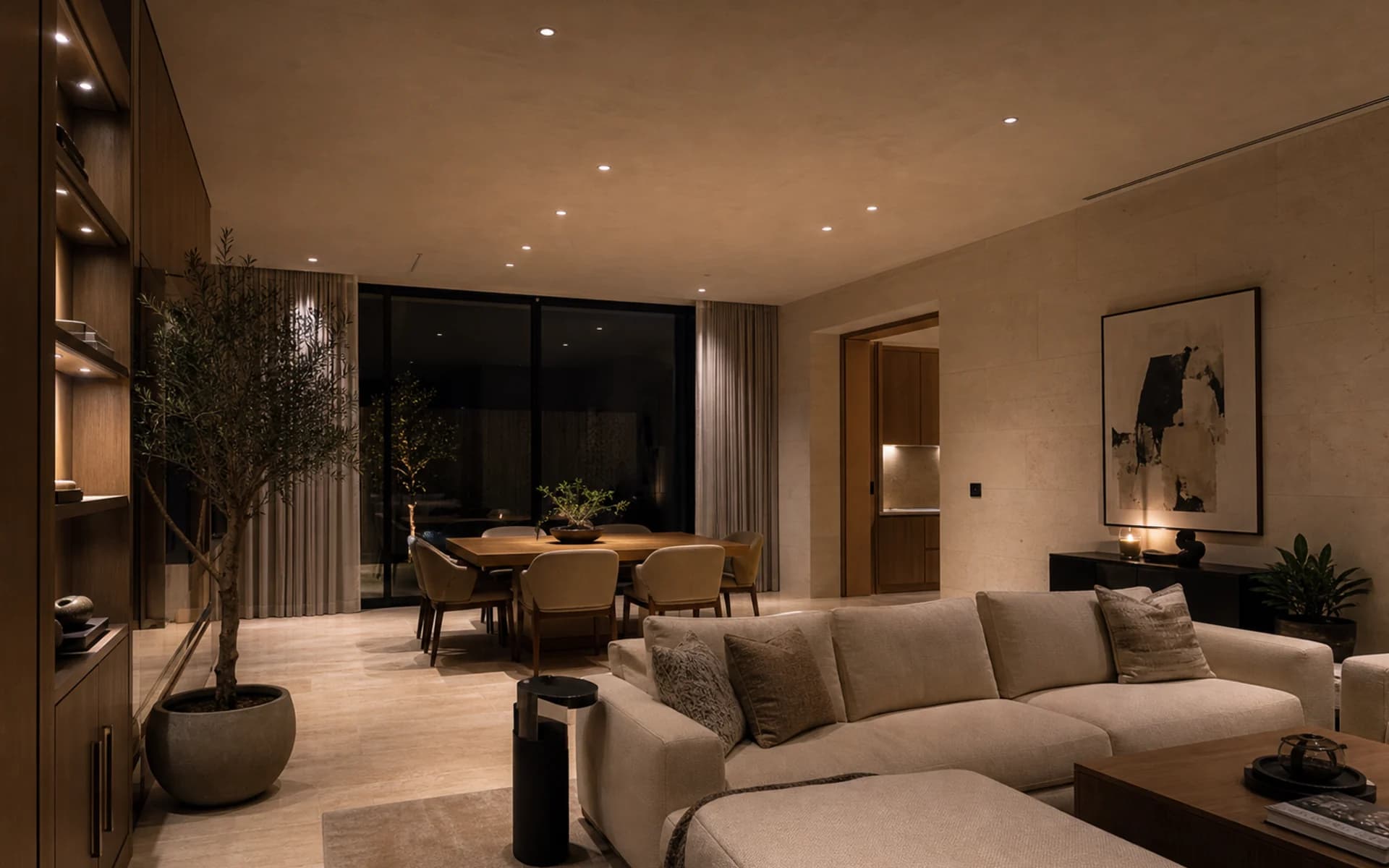 Contemporary GCC villa living and dining interior with recessed architectural downlights