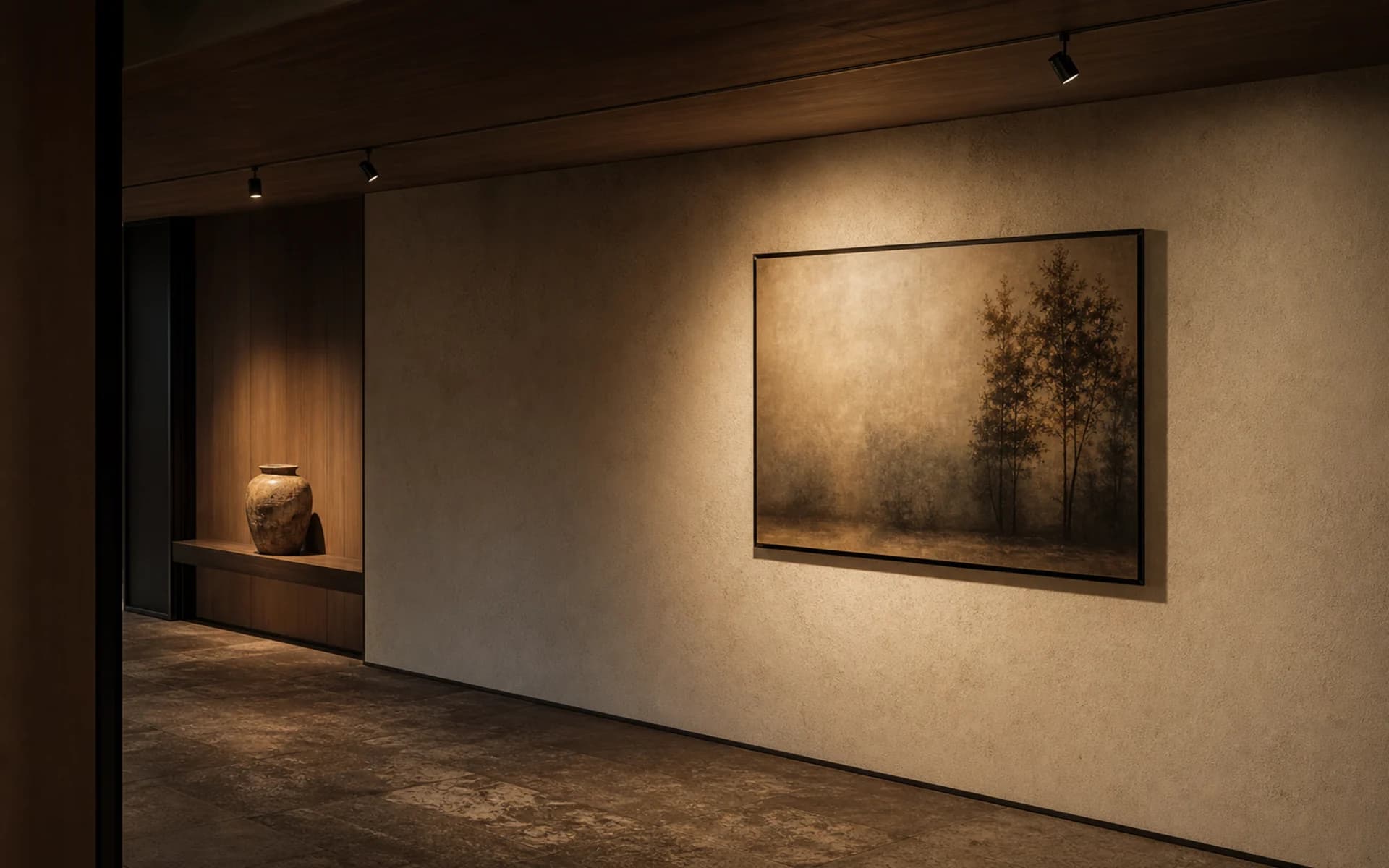Hospitality gallery wall illuminated by adjustable track spotlights