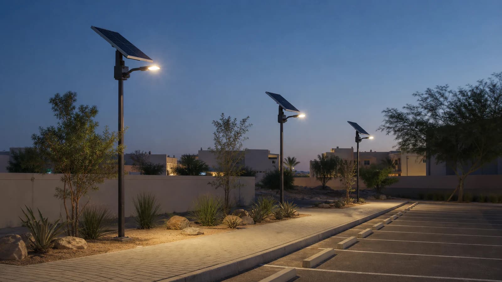 Illustrative standalone solar area lighting beside a community parking path