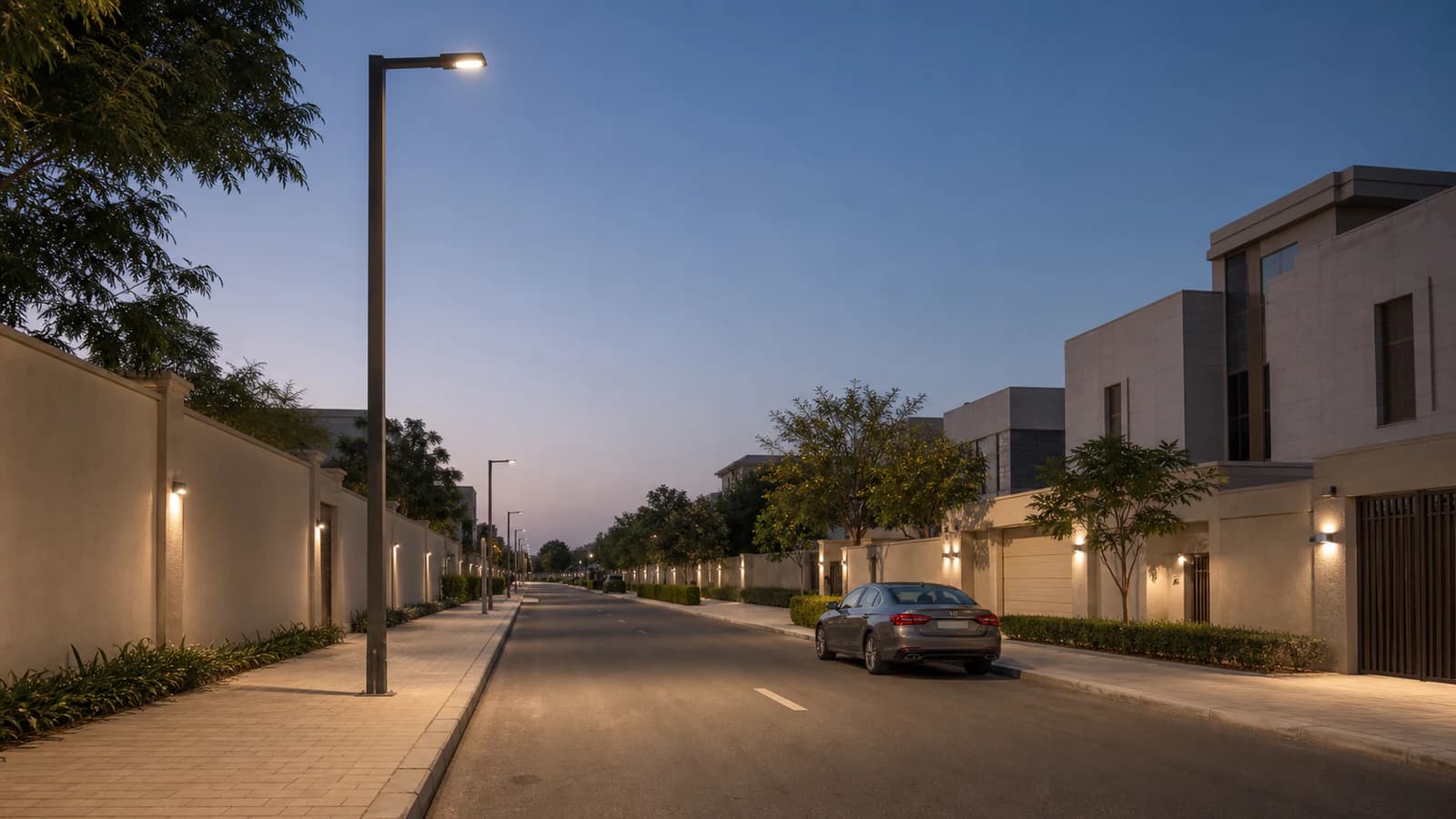 Illustrative LED street lighting on a quiet GCC residential road