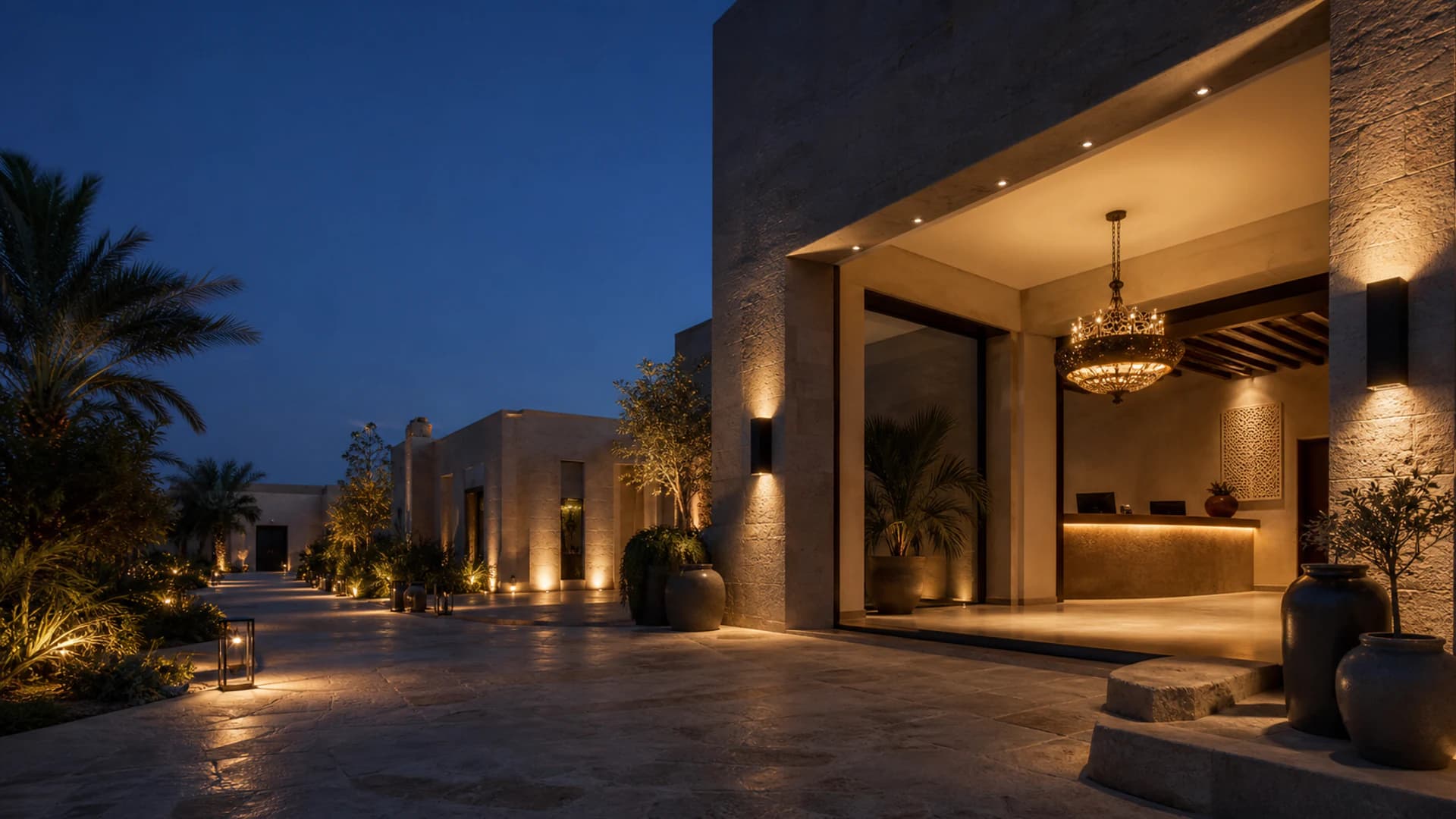 Illustrative concept showing a Middle East hospitality villa with indoor, decorative, facade and landscape lighting in one project setting