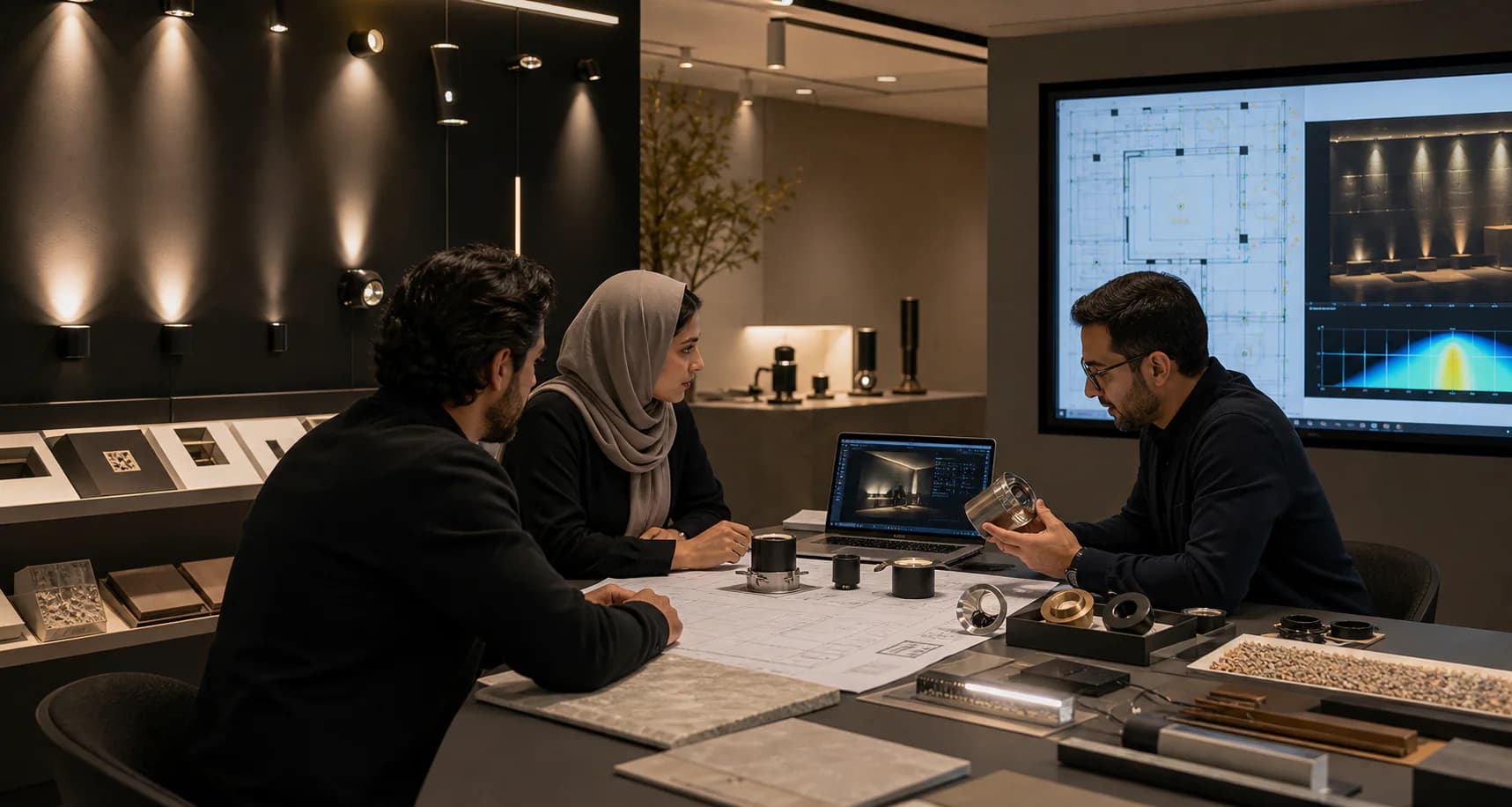 Illustrative lighting specification team reviewing beam tests, plans and fixture samples
