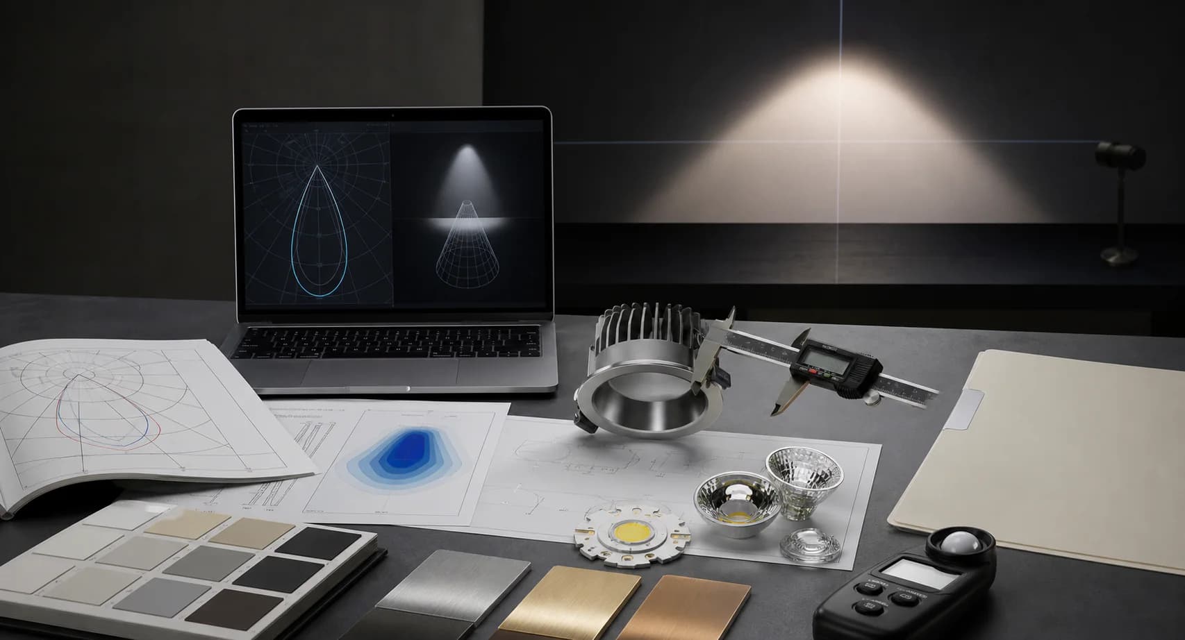Illustrative technical lighting evidence desk with photometric diagrams, optics and measurement tools