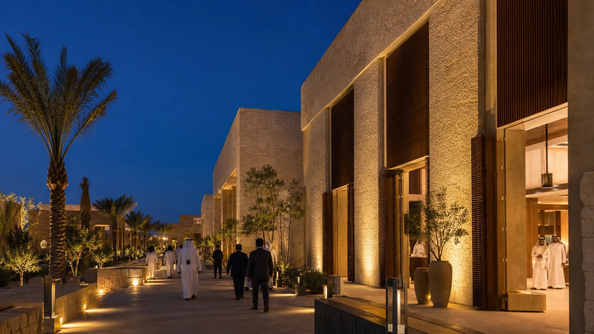 Illustrative contemporary Najdi hospitality and public-realm lighting concept at blue hour