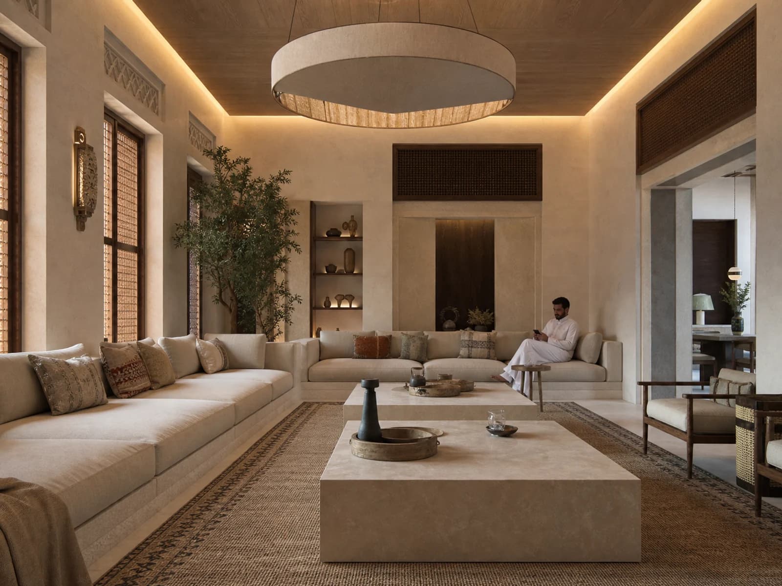 Illustrative Saudi hospitality interior with layered architectural and bespoke decorative lighting