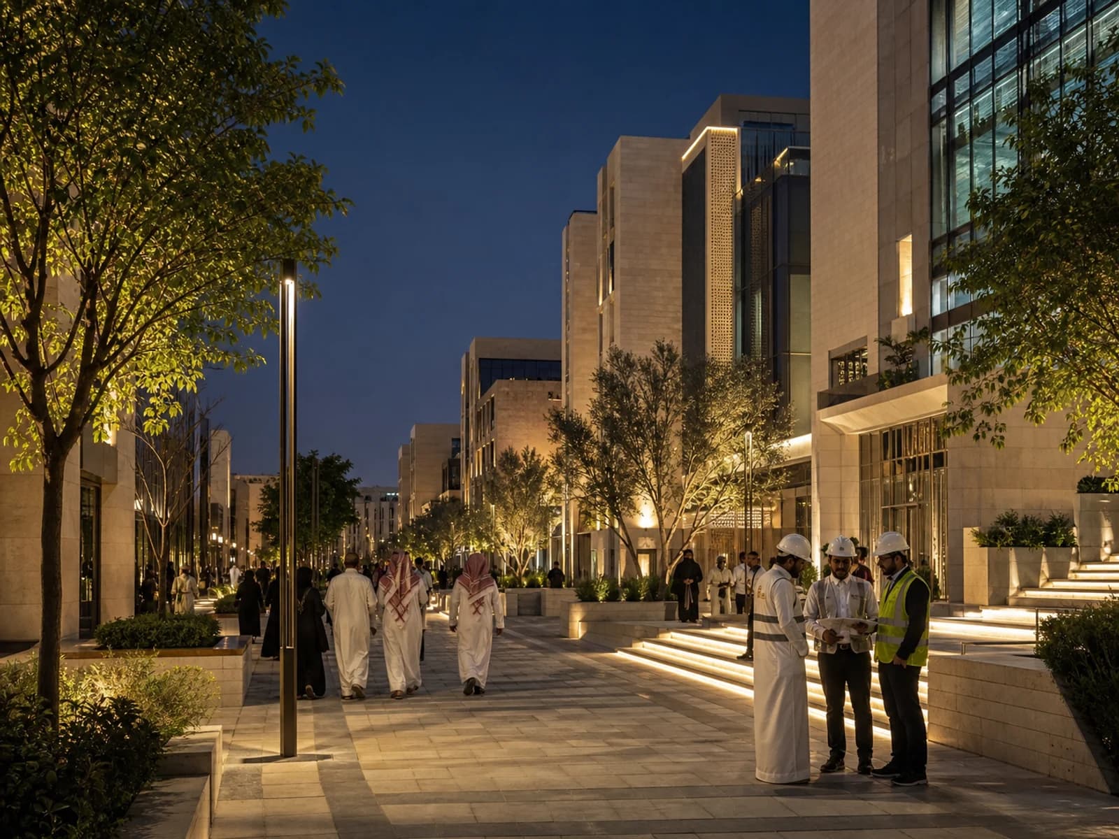 Illustrative contemporary Saudi pedestrian boulevard and public-realm lighting concept at dusk
