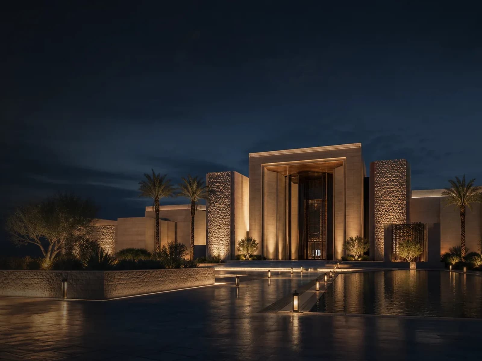 Illustrative Saudi hospitality resort and landscape-lighting concept at twilight